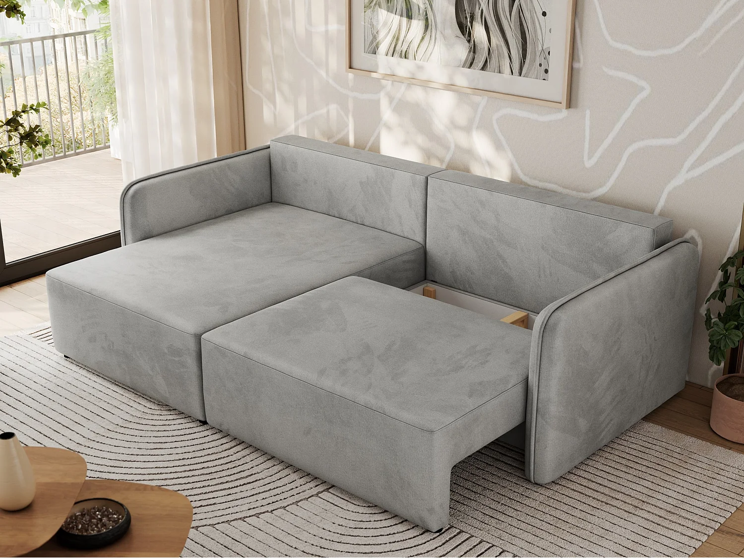 Ecksofa MESTO - Schlaffunktion und Bettkasten, L-form Couch für das Wohnzimmer, Armlehnen - Hellgrau Velvet - Ecke Links