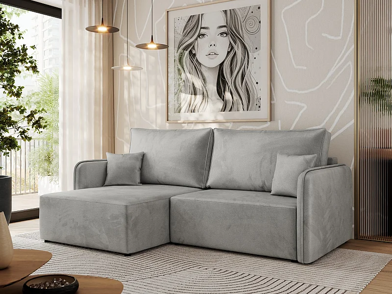 Ecksofa MESTO - Schlaffunktion und Bettkasten, L-form Couch für das Wohnzimmer, Armlehnen - Hellgrau Velvet - Ecke Links