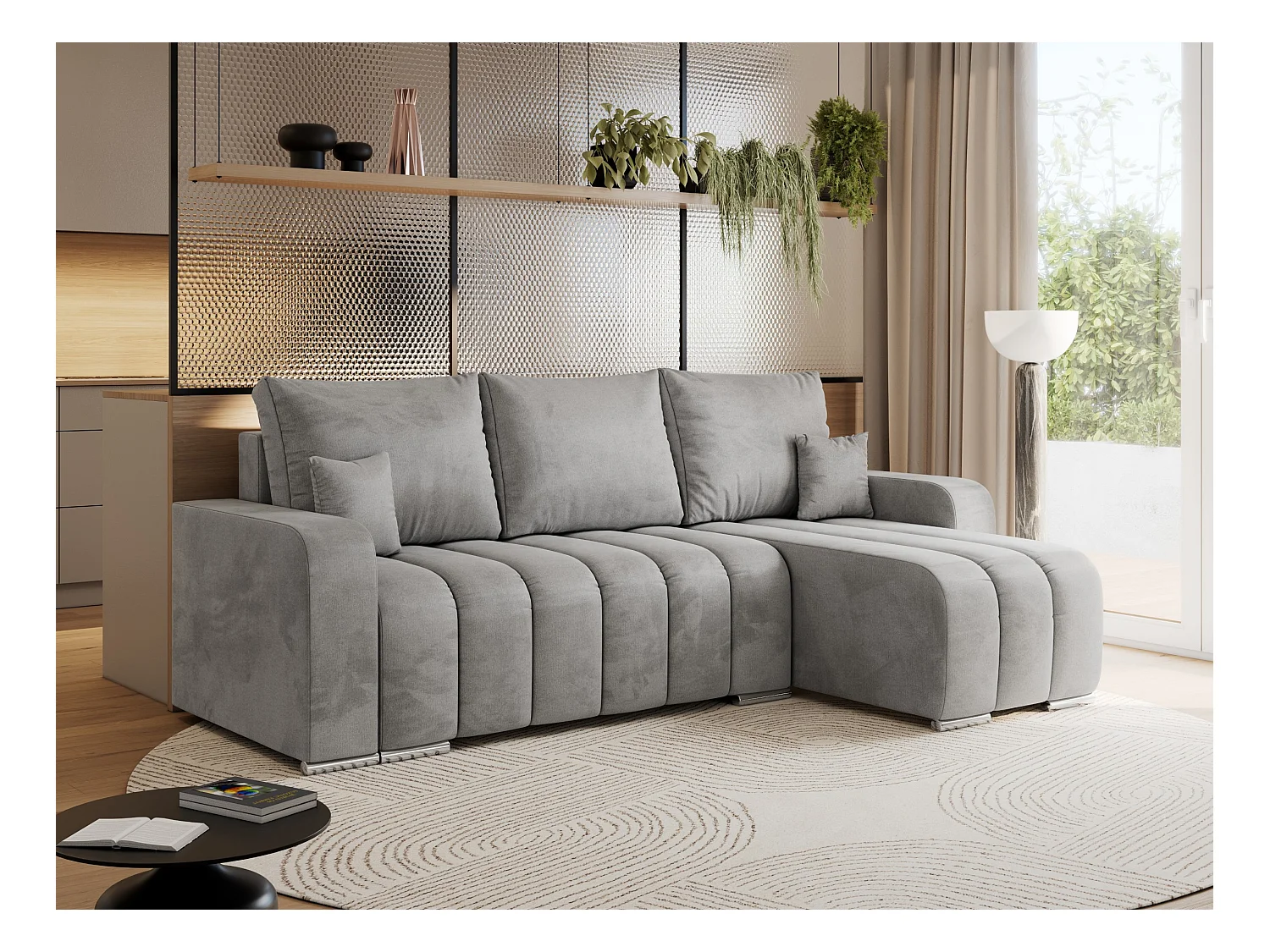 Ecksofa KIRASSO - universelles mit Schlaffunktion und Bettkasten, lose Kissen, Armlehnen - Hellgrau Velvet