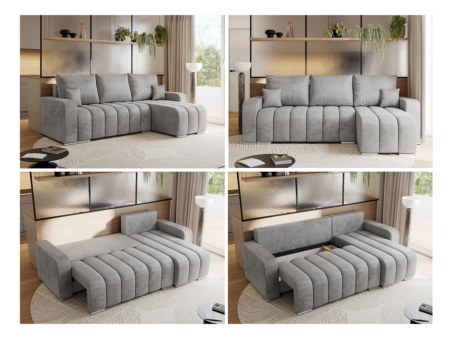 Ecksofa KIRASSO - universelles mit Schlaffunktion und Bettkasten, lose Kissen, Armlehnen - Hellgrau Velvet