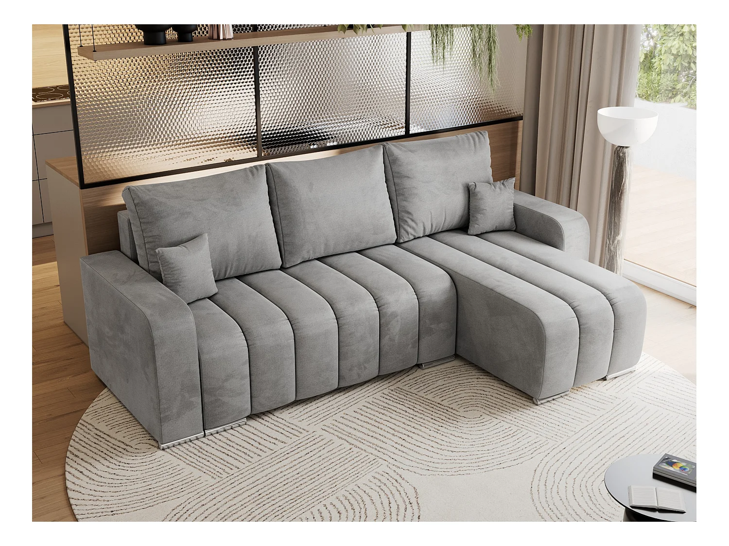 Ecksofa KIRASSO - universelles mit Schlaffunktion und Bettkasten, lose Kissen, Armlehnen - Hellgrau Velvet