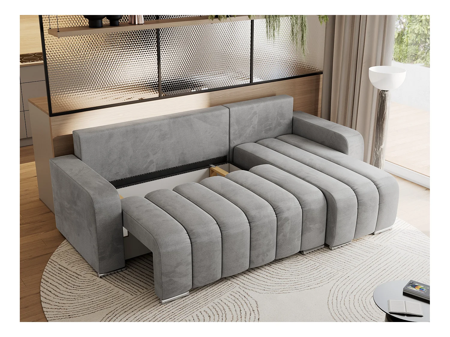 Ecksofa KIRASSO - universelles mit Schlaffunktion und Bettkasten, lose Kissen, Armlehnen - Hellgrau Velvet