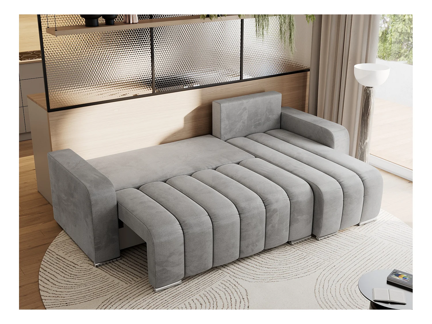 Ecksofa KIRASSO - universelles mit Schlaffunktion und Bettkasten, lose Kissen, Armlehnen - Hellgrau Velvet