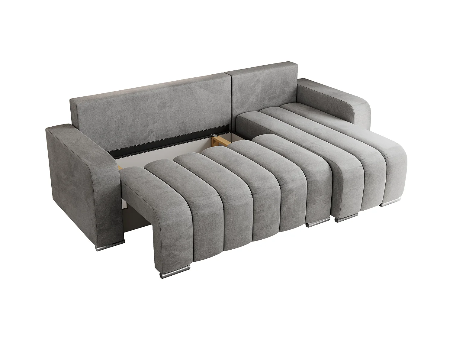 Ecksofa KIRASSO - universelles mit Schlaffunktion und Bettkasten, lose Kissen, Armlehnen - Hellgrau Velvet