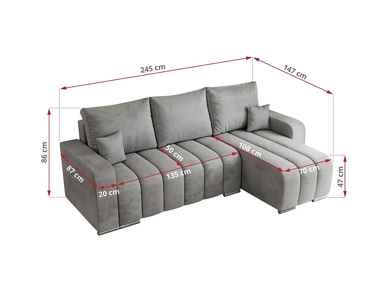 Ecksofa KIRASSO - universelles mit Schlaffunktion und Bettkasten, lose Kissen, Armlehnen - Hellgrau Velvet