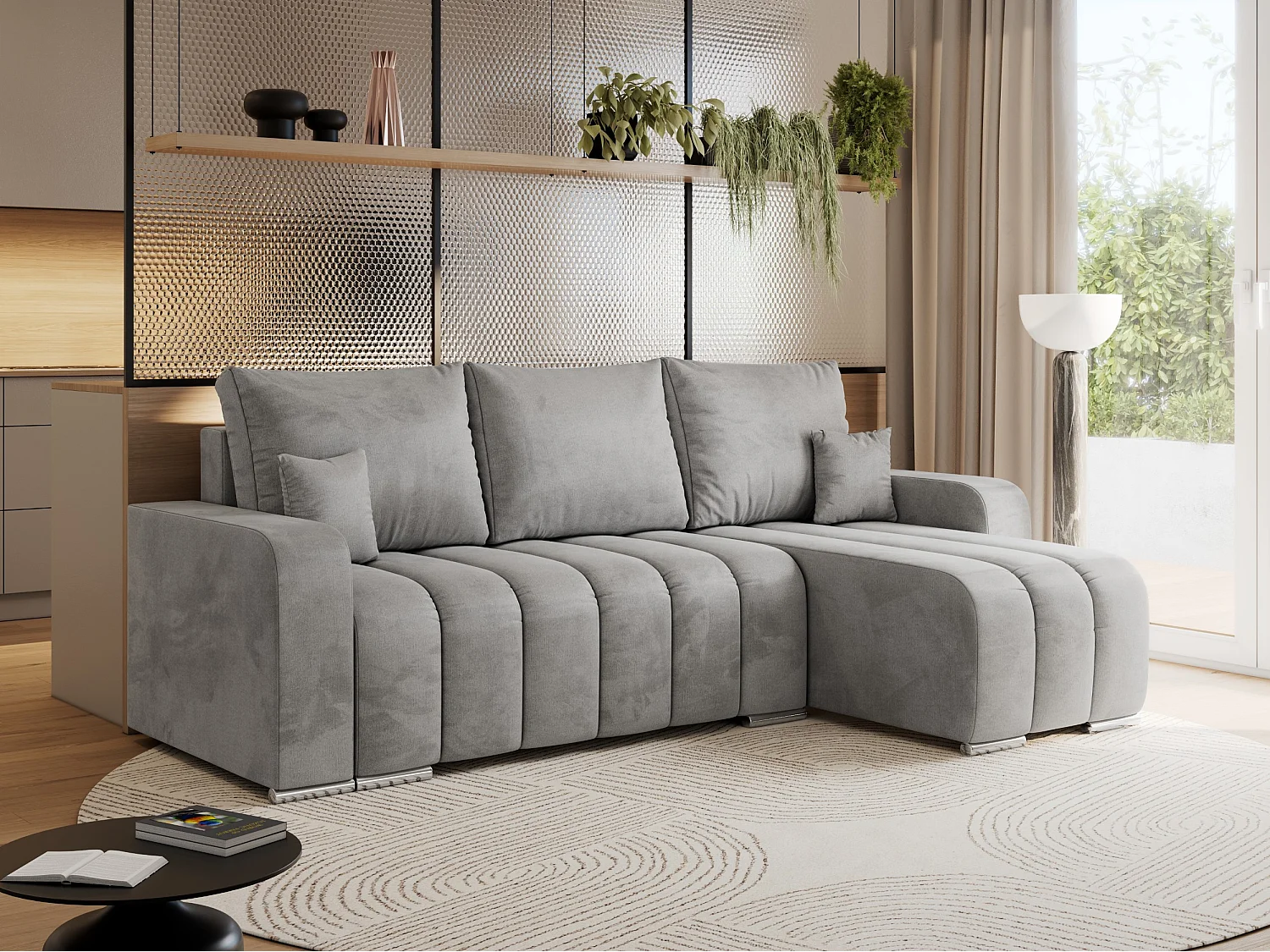 Ecksofa KIRASSO - universelles mit Schlaffunktion und Bettkasten, lose Kissen, Armlehnen - Hellgrau Velvet