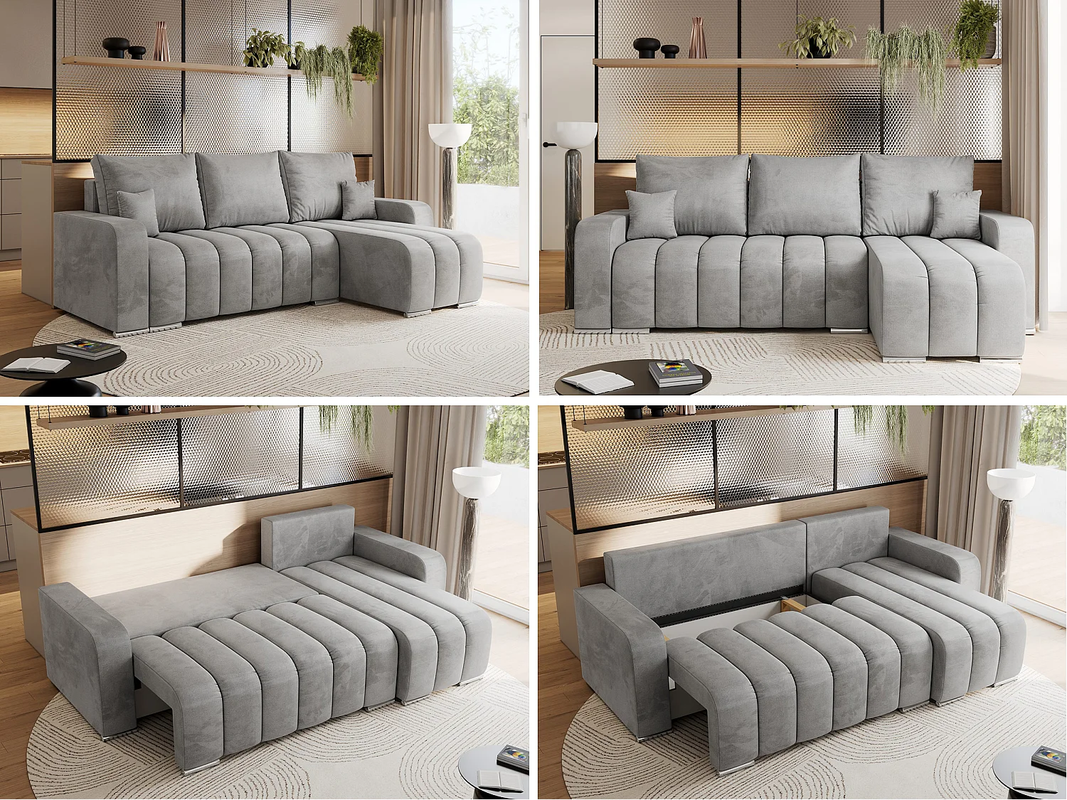 Ecksofa KIRASSO - universelles mit Schlaffunktion und Bettkasten, lose Kissen, Armlehnen - Hellgrau Velvet