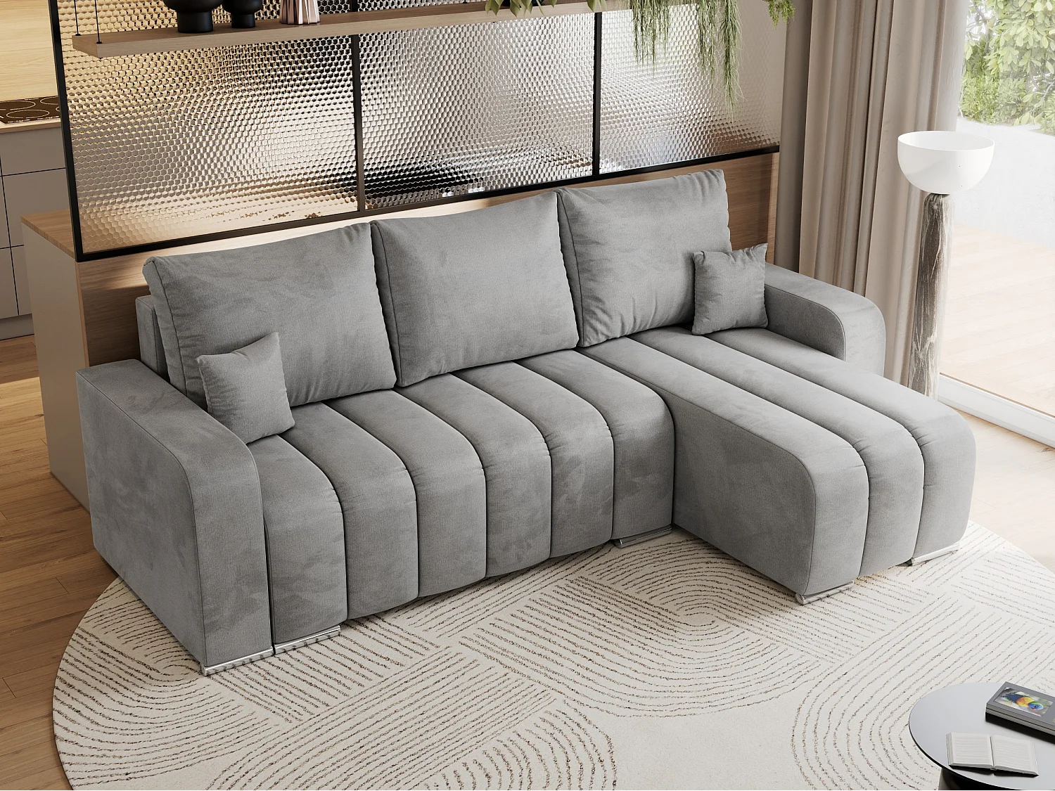 Ecksofa KIRASSO - universelles mit Schlaffunktion und Bettkasten, lose Kissen, Armlehnen - Hellgrau Velvet