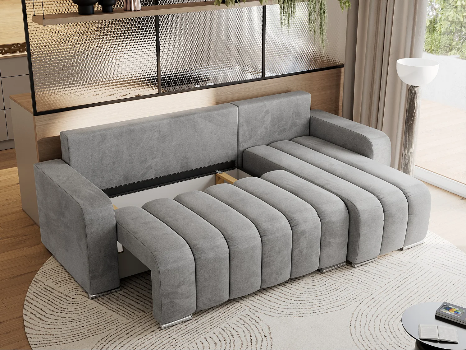 Ecksofa KIRASSO - universelles mit Schlaffunktion und Bettkasten, lose Kissen, Armlehnen - Hellgrau Velvet