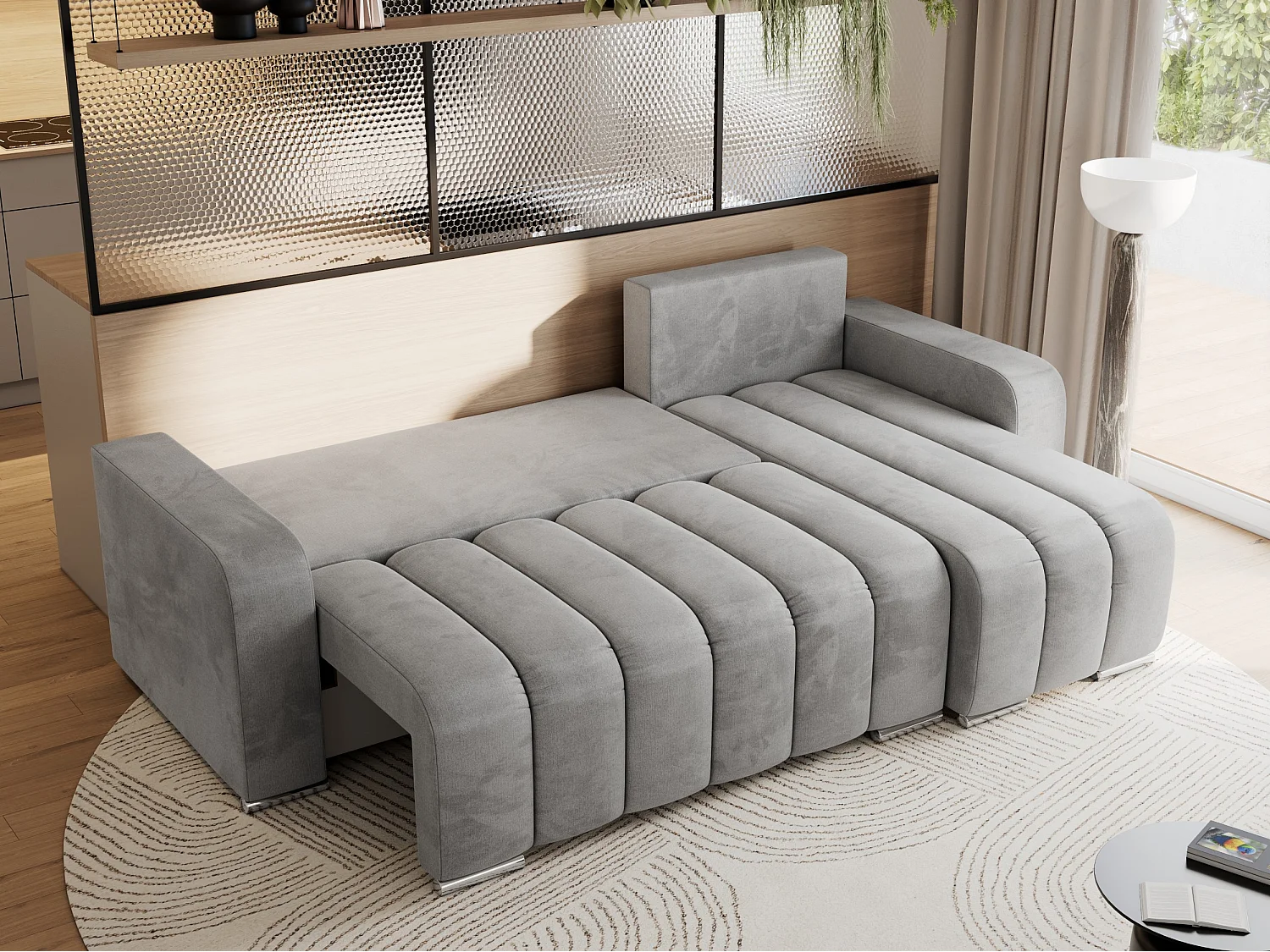 Ecksofa KIRASSO - universelles mit Schlaffunktion und Bettkasten, lose Kissen, Armlehnen - Hellgrau Velvet