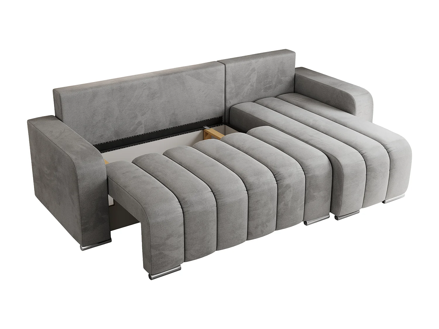 Ecksofa KIRASSO - universelles mit Schlaffunktion und Bettkasten, lose Kissen, Armlehnen - Hellgrau Velvet