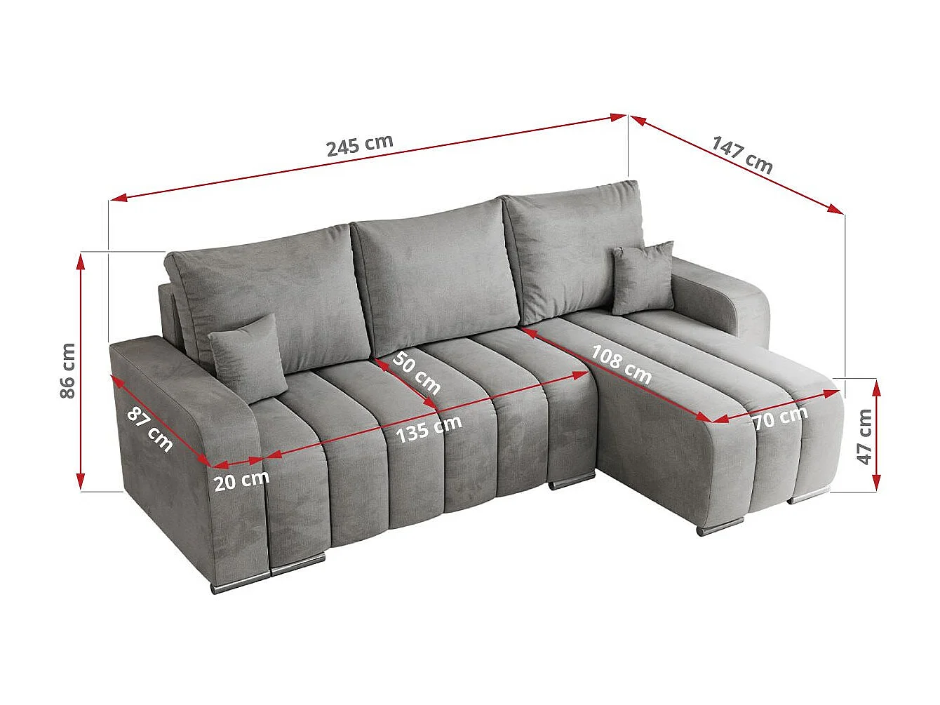 Ecksofa KIRASSO - universelles mit Schlaffunktion und Bettkasten, lose Kissen, Armlehnen - Hellgrau Velvet