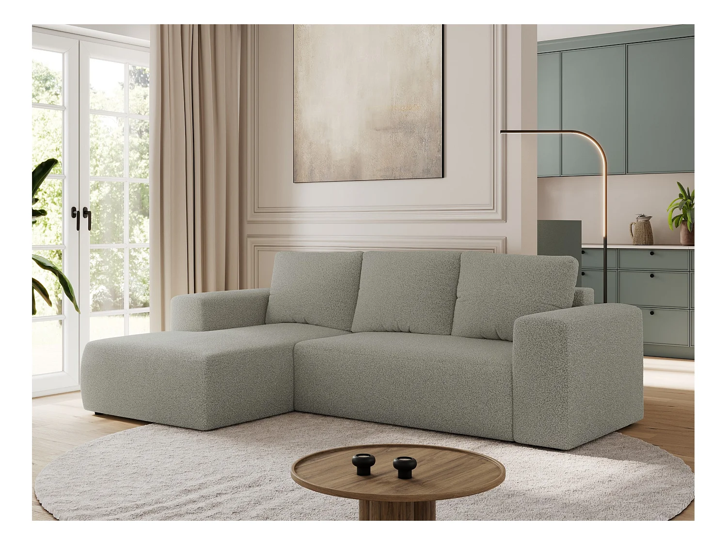 Ecksofa TRENTINO - mit Schlaffunktion und Bettkasten, L-form Couch, lose Kissen und Armlehnen - Hellgrau Boucle - Ecke Links