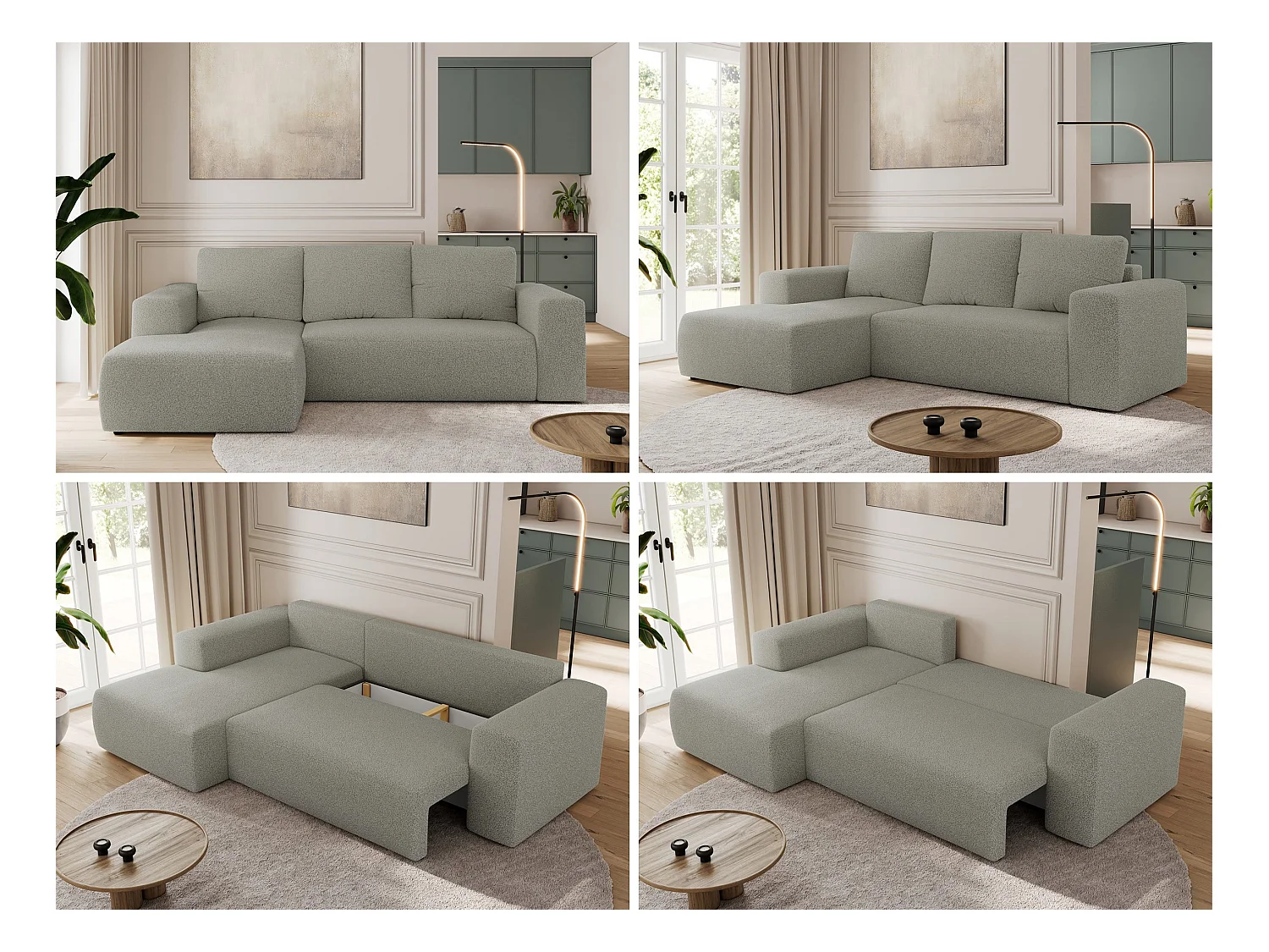 Ecksofa TRENTINO - mit Schlaffunktion und Bettkasten, L-form Couch, lose Kissen und Armlehnen - Hellgrau Boucle - Ecke Links