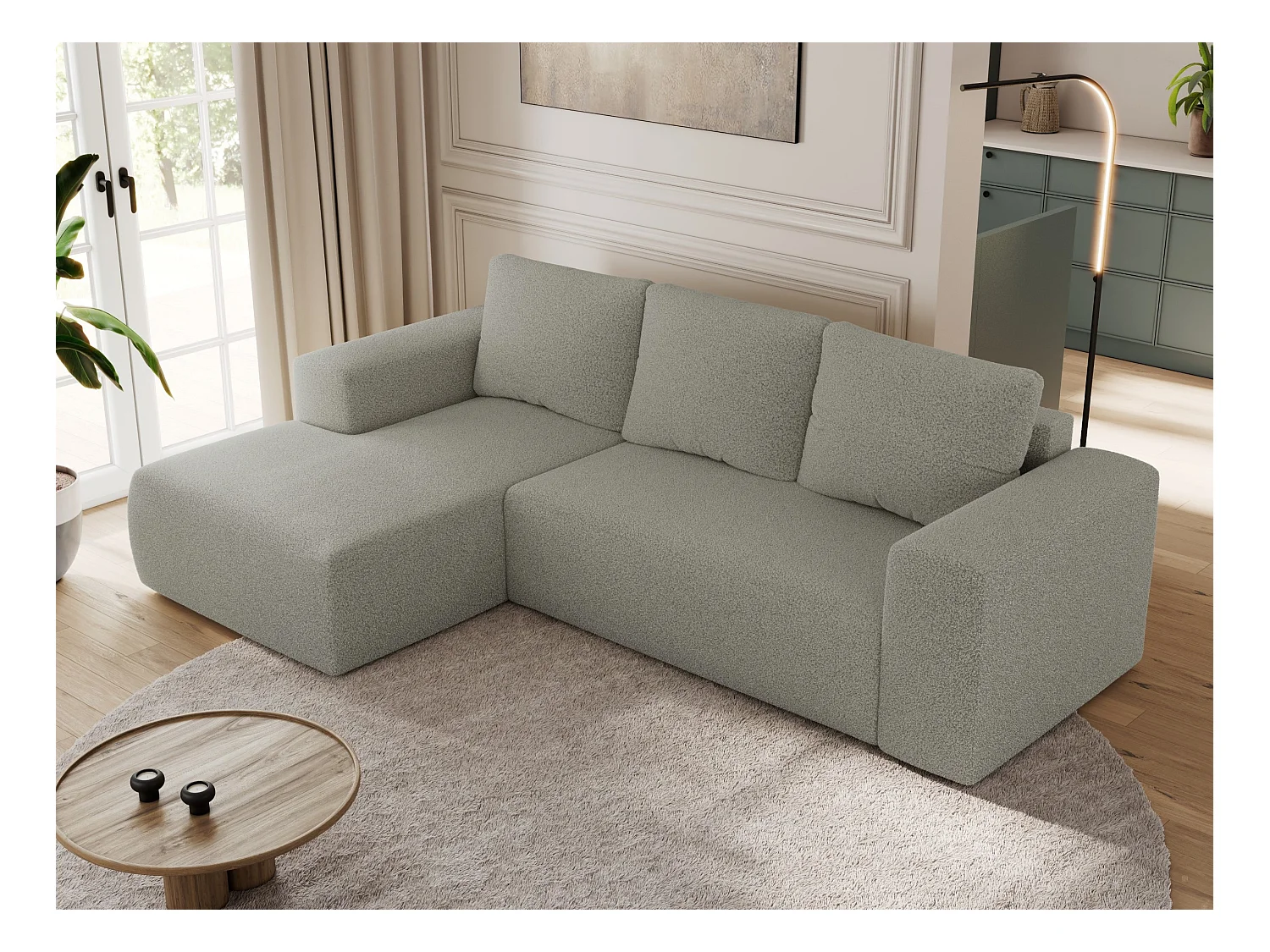 Ecksofa TRENTINO - mit Schlaffunktion und Bettkasten, L-form Couch, lose Kissen und Armlehnen - Hellgrau Boucle - Ecke Links