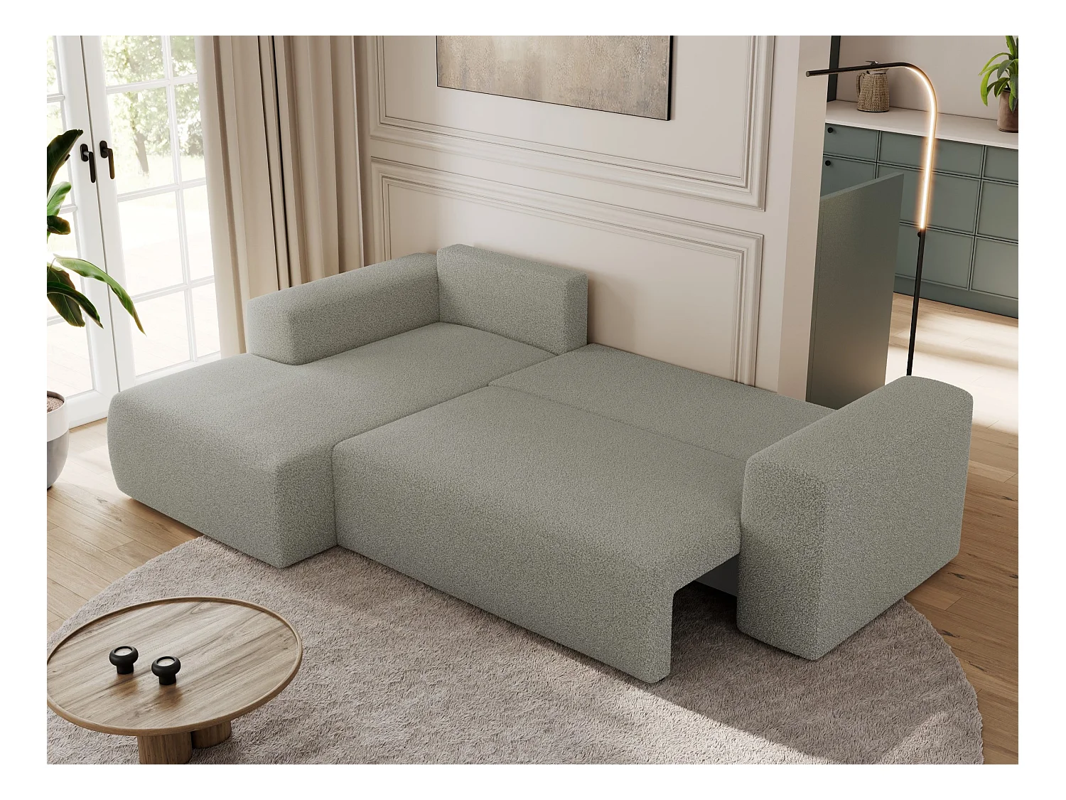 Ecksofa TRENTINO - mit Schlaffunktion und Bettkasten, L-form Couch, lose Kissen und Armlehnen - Hellgrau Boucle - Ecke Links