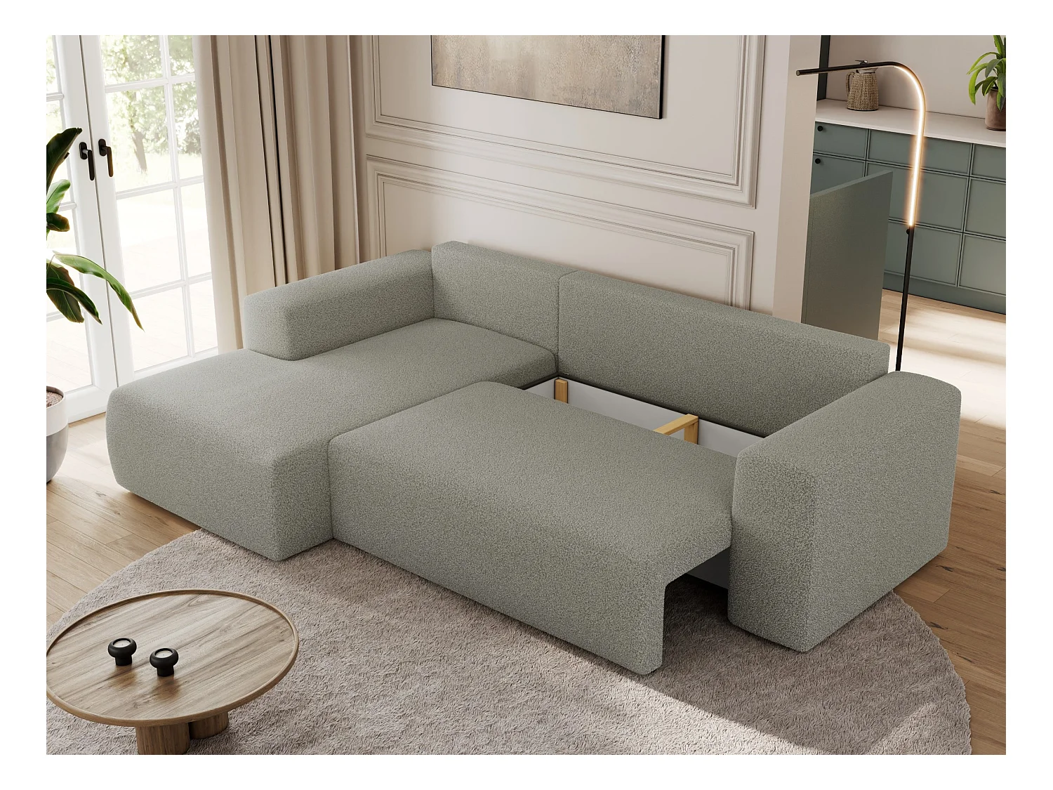 Ecksofa TRENTINO - mit Schlaffunktion und Bettkasten, L-form Couch, lose Kissen und Armlehnen - Hellgrau Boucle - Ecke Links