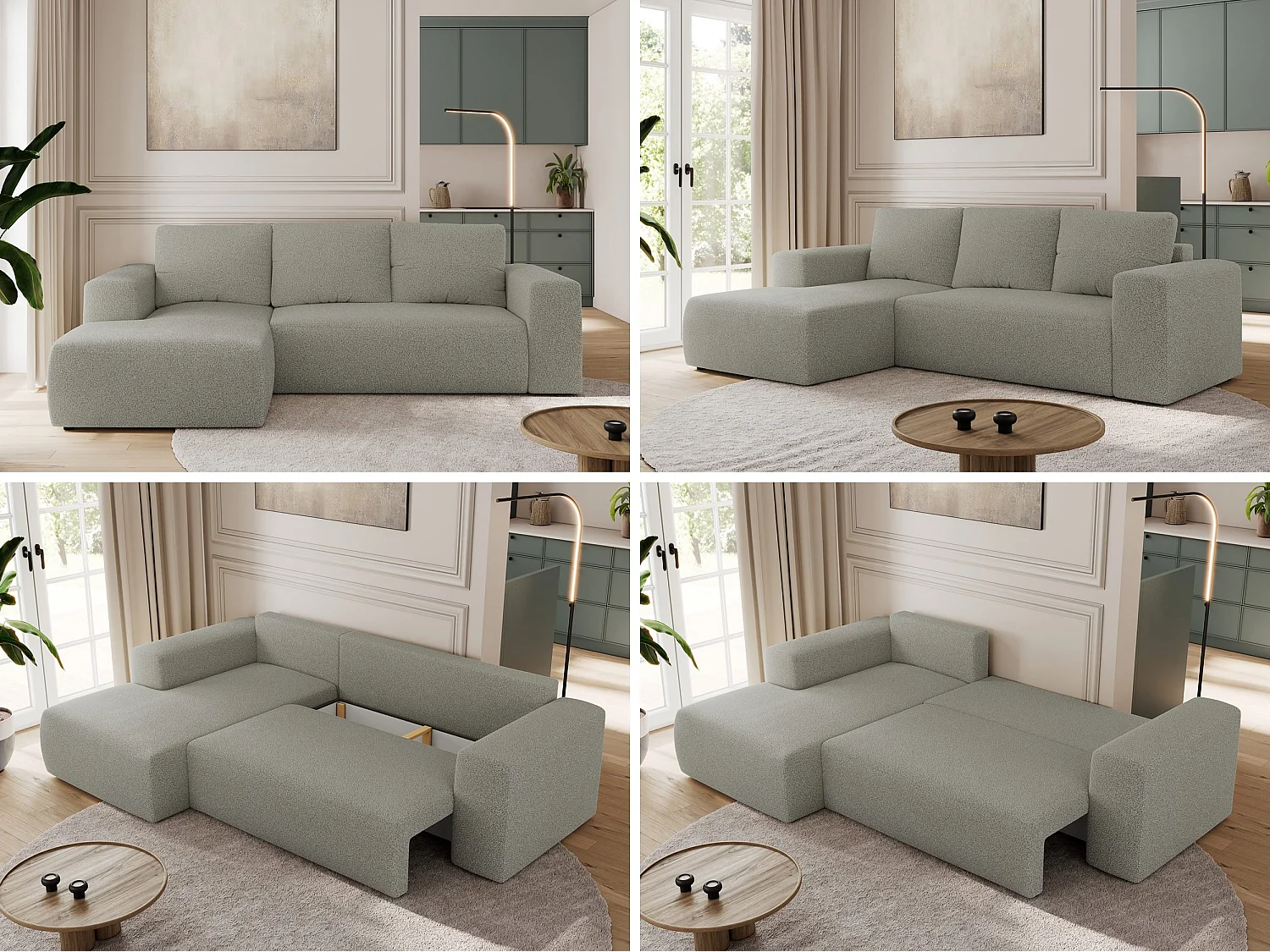 Ecksofa TRENTINO - mit Schlaffunktion und Bettkasten, L-form Couch, lose Kissen und Armlehnen - Hellgrau Boucle - Ecke Links