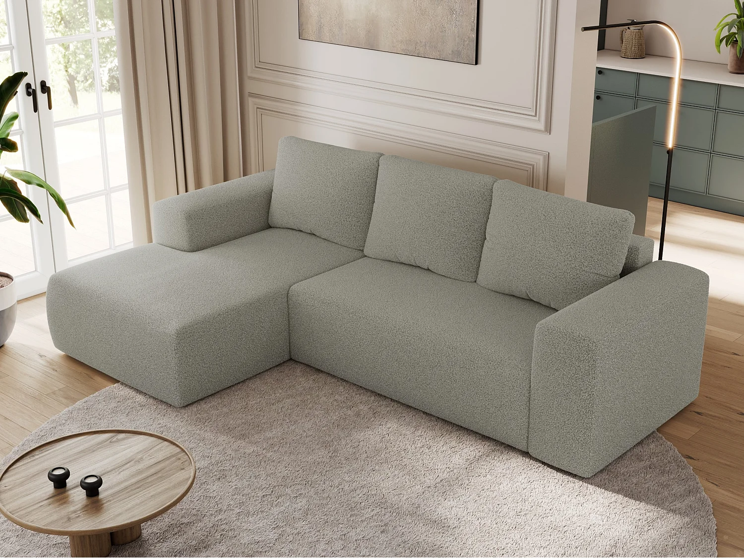 Ecksofa TRENTINO - mit Schlaffunktion und Bettkasten, L-form Couch, lose Kissen und Armlehnen - Hellgrau Boucle - Ecke Links