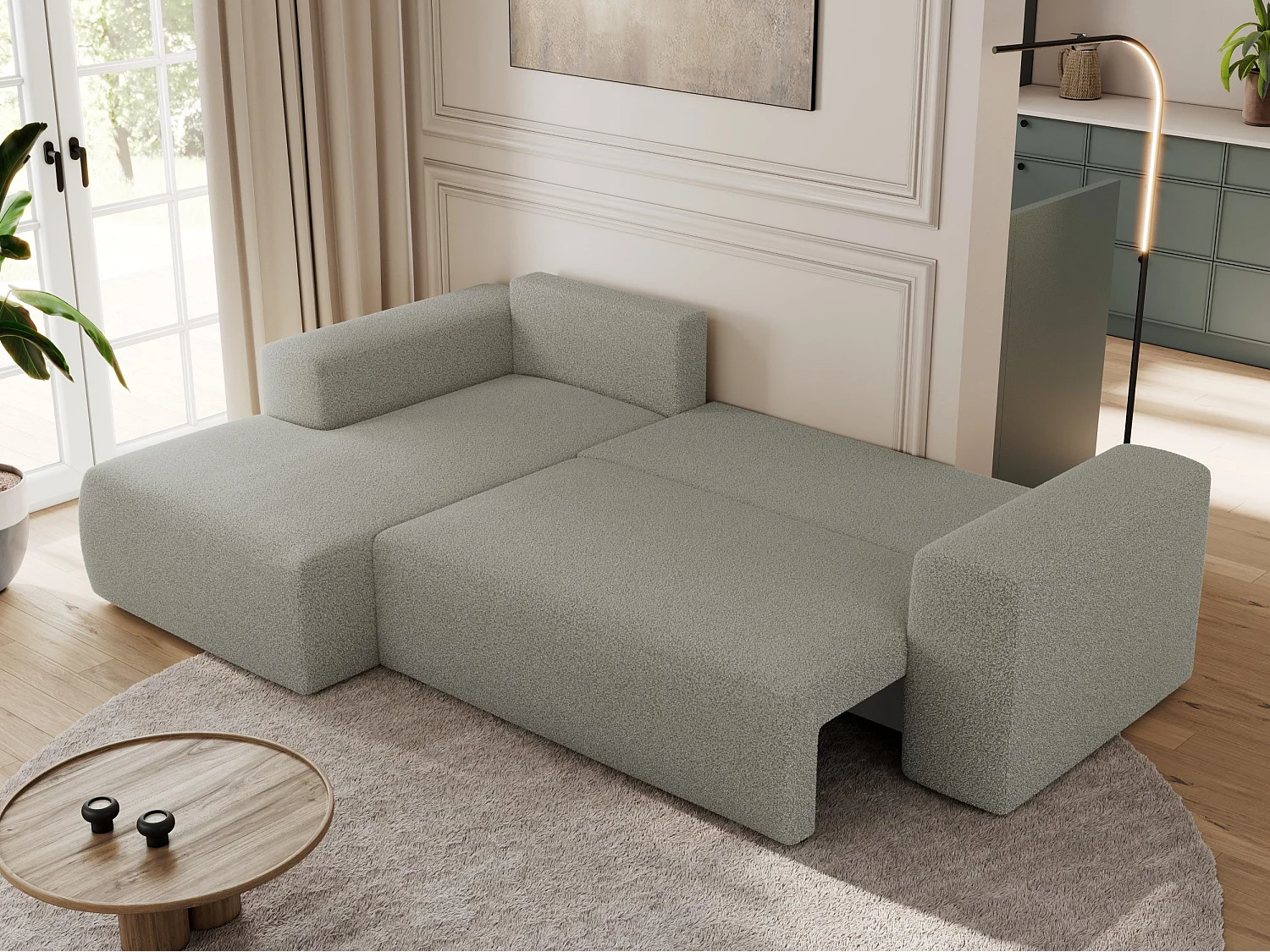 Ecksofa TRENTINO - mit Schlaffunktion und Bettkasten, L-form Couch, lose Kissen und Armlehnen - Hellgrau Boucle - Ecke Links