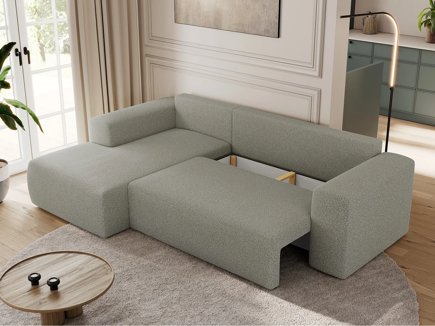 Ecksofa TRENTINO - mit Schlaffunktion und Bettkasten, L-form Couch, lose Kissen und Armlehnen - Hellgrau Boucle - Ecke Links