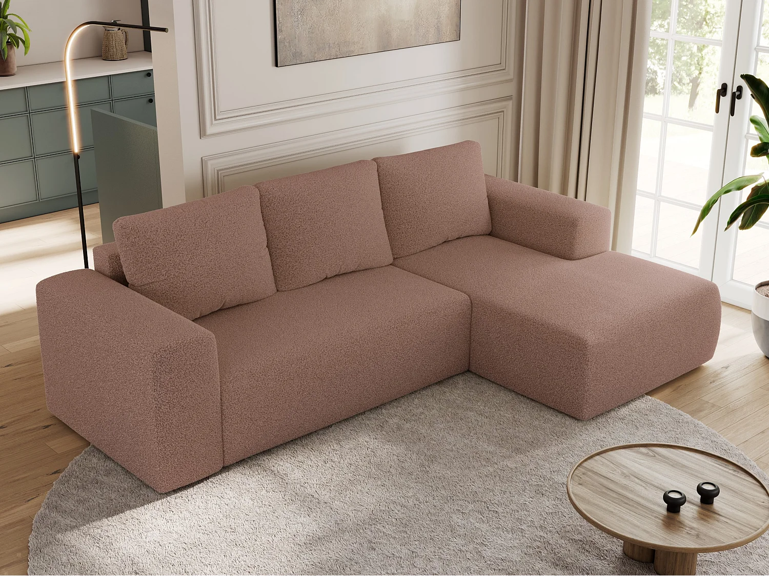 Ecksofa TRENTINO - mit Schlaffunktion und Bettkasten, L-form Couch, lose Kissen und Armlehnen - Rosa Boucle - Ecke Rechts