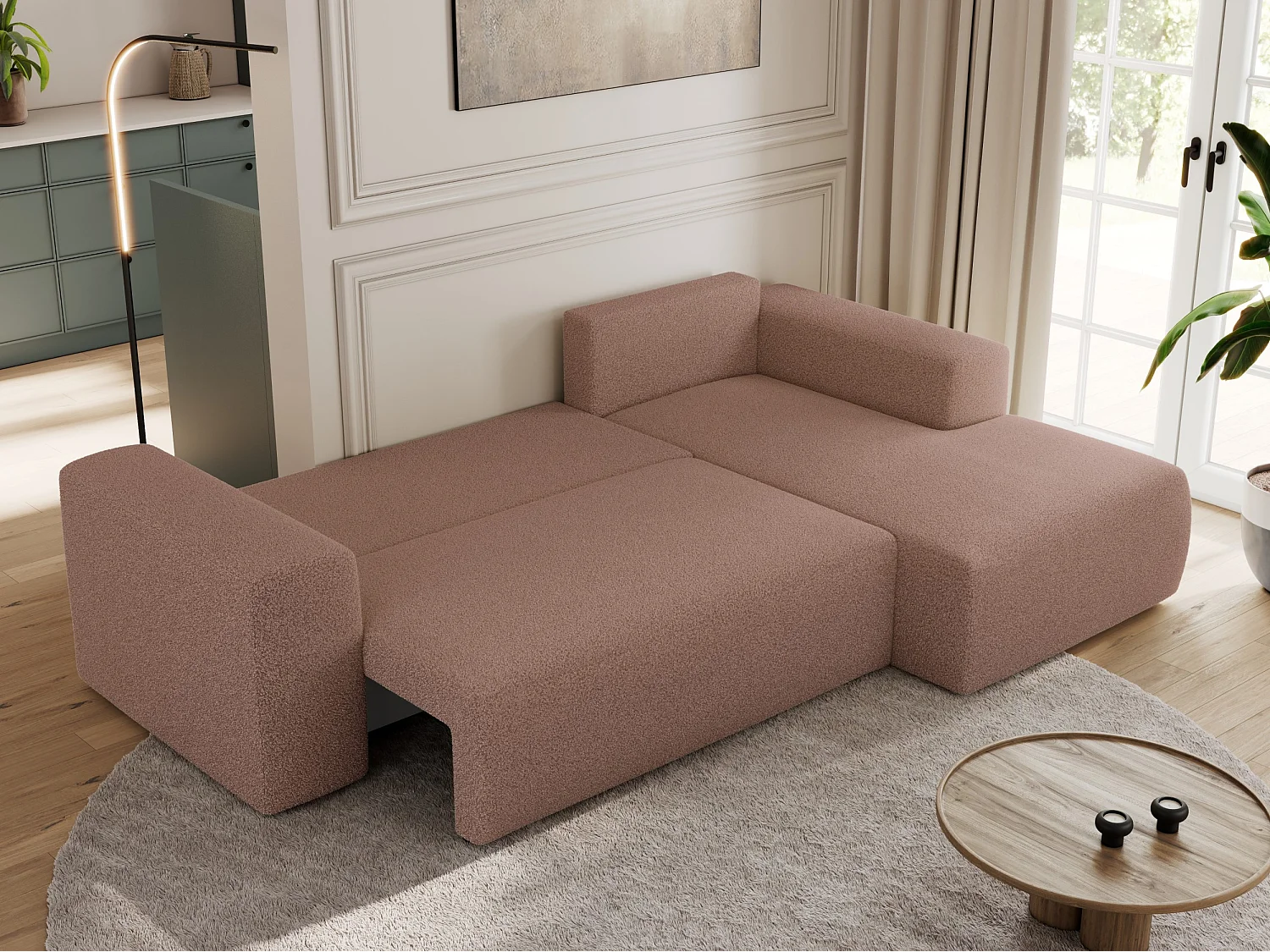 Ecksofa TRENTINO - mit Schlaffunktion und Bettkasten, L-form Couch, lose Kissen und Armlehnen - Rosa Boucle - Ecke Rechts