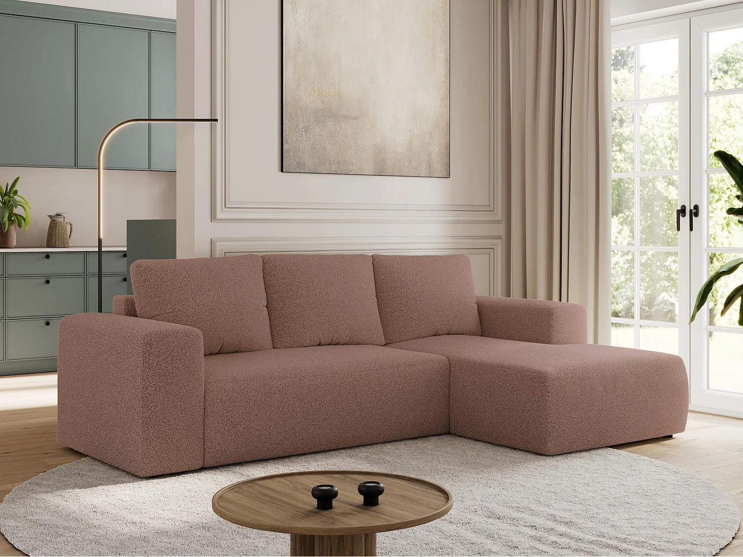 Ecksofa TRENTINO - mit Schlaffunktion und Bettkasten, L-form Couch, lose Kissen und Armlehnen - Rosa Boucle - Ecke Rechts