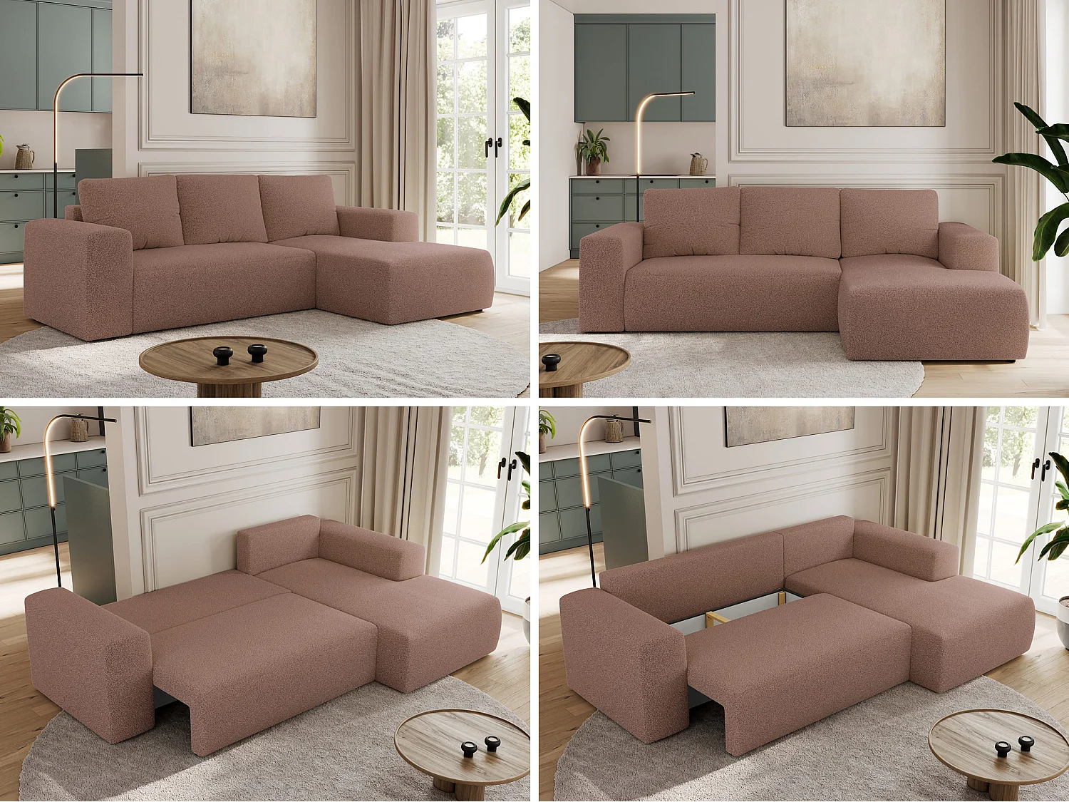 Ecksofa TRENTINO - mit Schlaffunktion und Bettkasten, L-form Couch, lose Kissen und Armlehnen - Rosa Boucle - Ecke Rechts