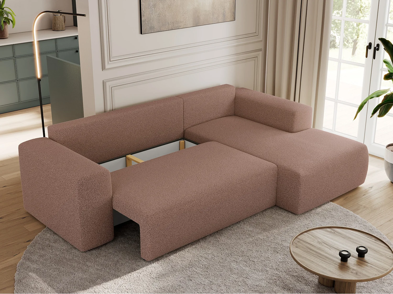 Ecksofa TRENTINO - mit Schlaffunktion und Bettkasten, L-form Couch, lose Kissen und Armlehnen - Rosa Boucle - Ecke Rechts