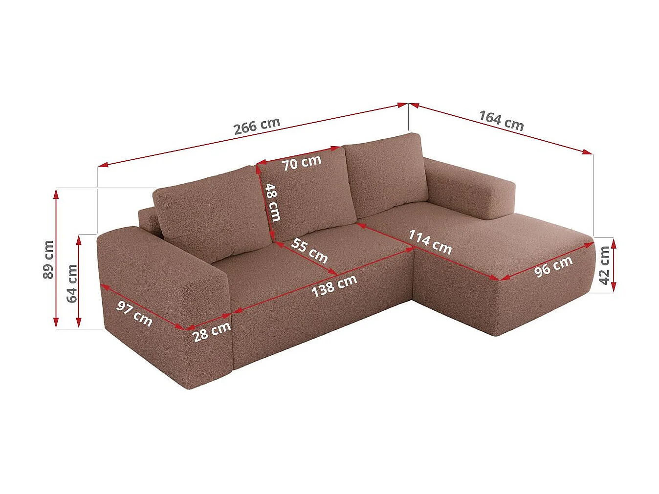 Ecksofa TRENTINO - mit Schlaffunktion und Bettkasten, L-form Couch, lose Kissen und Armlehnen - Rosa Boucle - Ecke Rechts