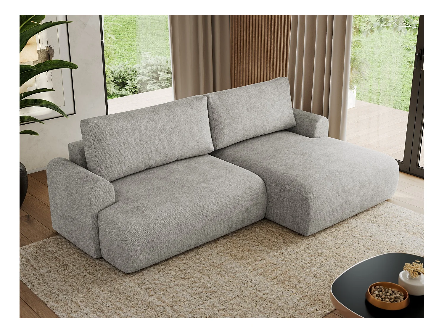 Ecksofa TONO - mit Schlaffunktion und Bettkasten, L-form Ecke, Armlehnen - Hellgrau Struktur - Ecke Rechts