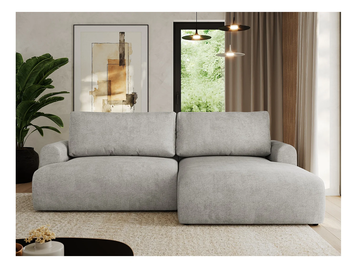 Ecksofa TONO - mit Schlaffunktion und Bettkasten, L-form Ecke, Armlehnen - Hellgrau Struktur - Ecke Rechts