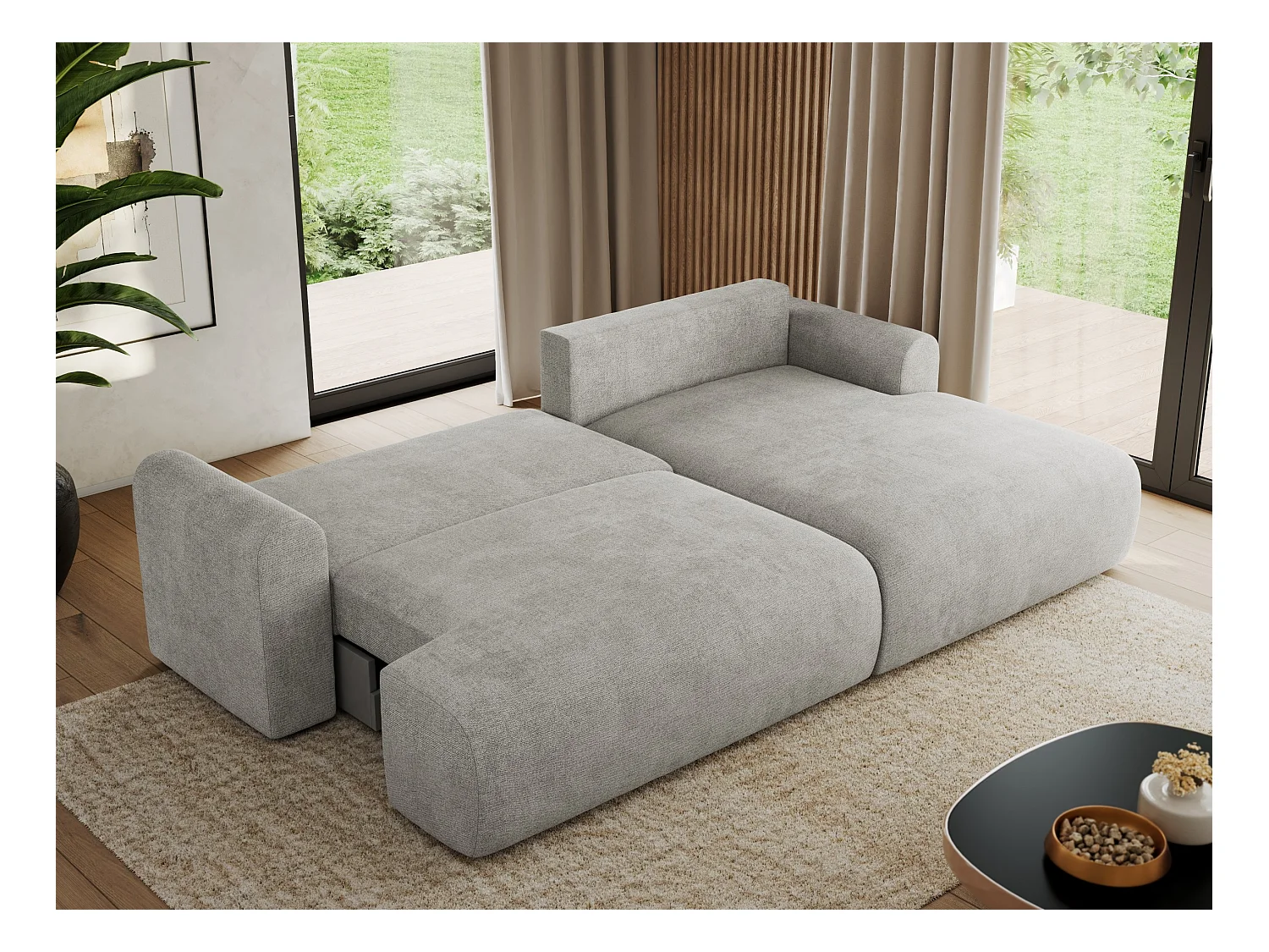Ecksofa TONO - mit Schlaffunktion und Bettkasten, L-form Ecke, Armlehnen - Hellgrau Struktur - Ecke Rechts