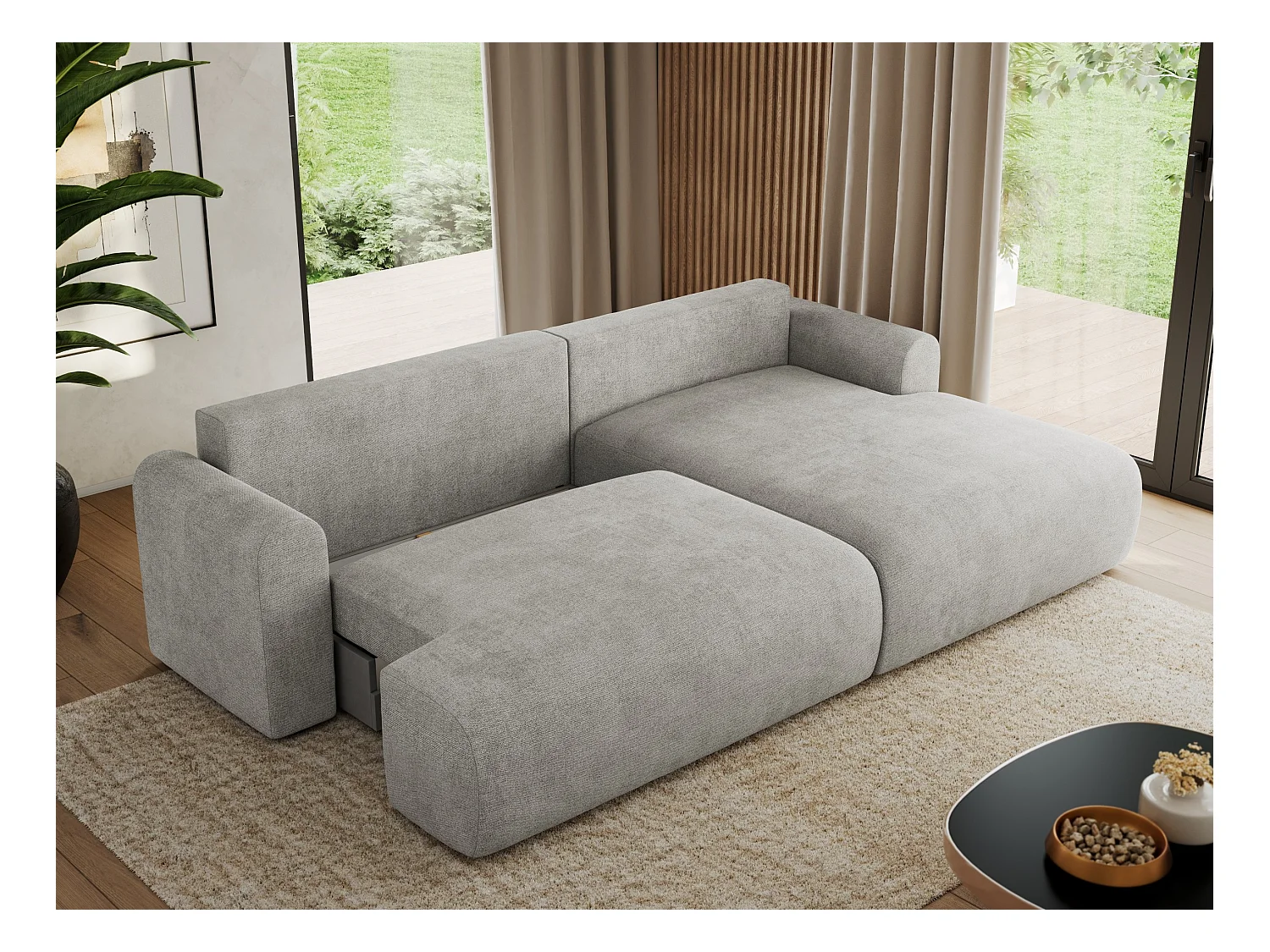 Ecksofa TONO - mit Schlaffunktion und Bettkasten, L-form Ecke, Armlehnen - Hellgrau Struktur - Ecke Rechts