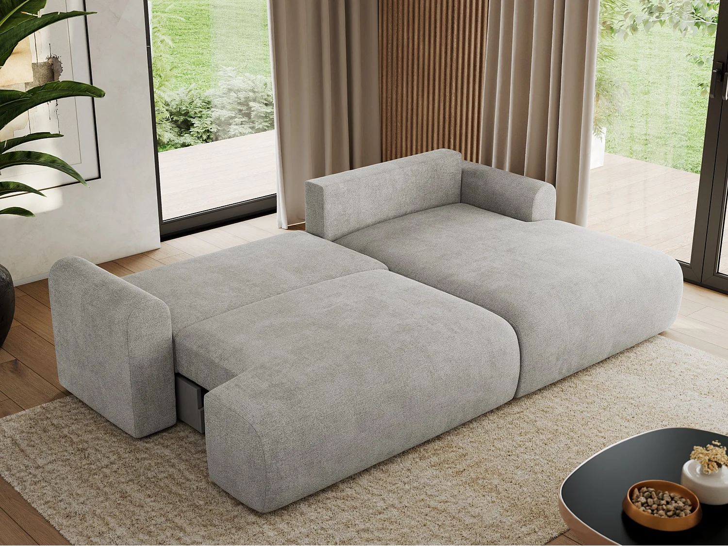 Ecksofa TONO - mit Schlaffunktion und Bettkasten, L-form Ecke, Armlehnen - Hellgrau Struktur - Ecke Rechts