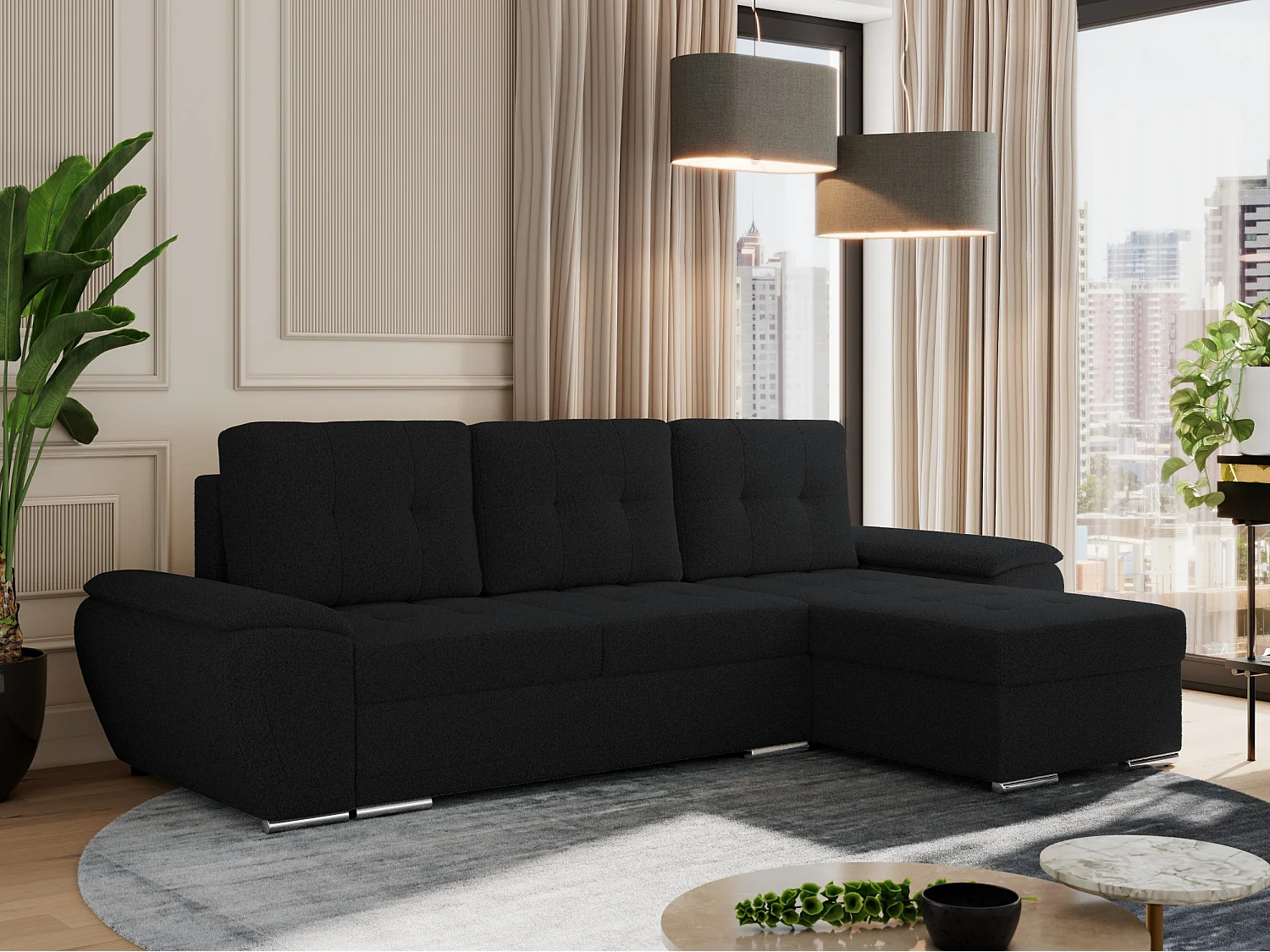 Ecksofa UMBRIA - universell L-form Couch, Schlaffunktion und Bettkasten, gesteppte Ecke - Schwarz Boucle