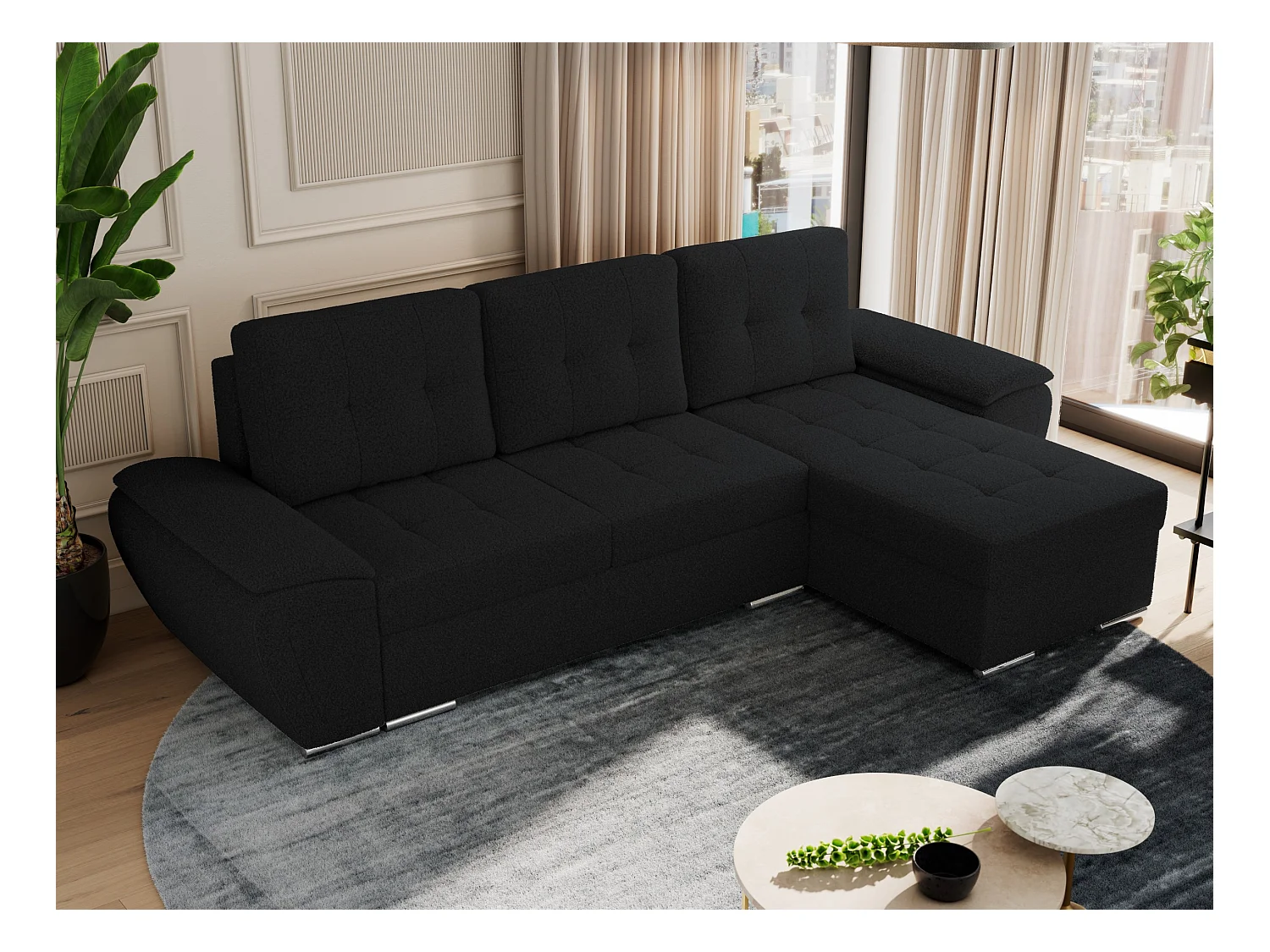 Ecksofa UMBRIA - universell L-form Couch, Schlaffunktion und Bettkasten, gesteppte Ecke - Schwarz Boucle