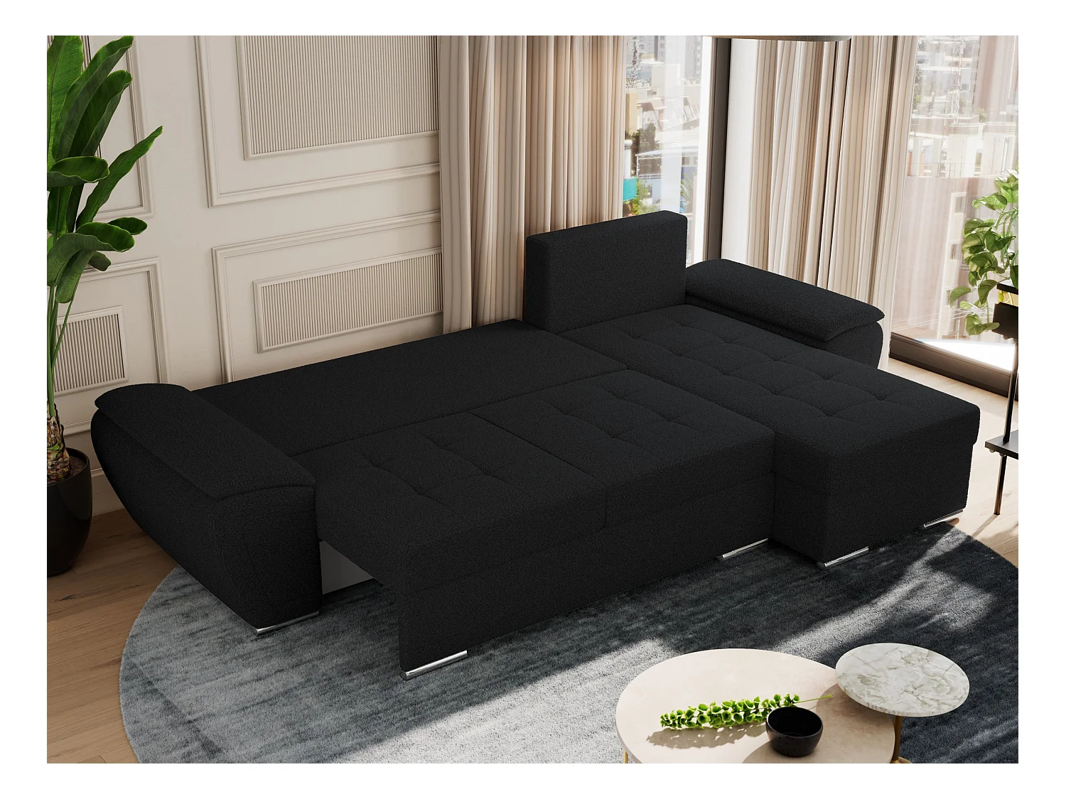 Ecksofa UMBRIA - universell L-form Couch, Schlaffunktion und Bettkasten, gesteppte Ecke - Schwarz Boucle