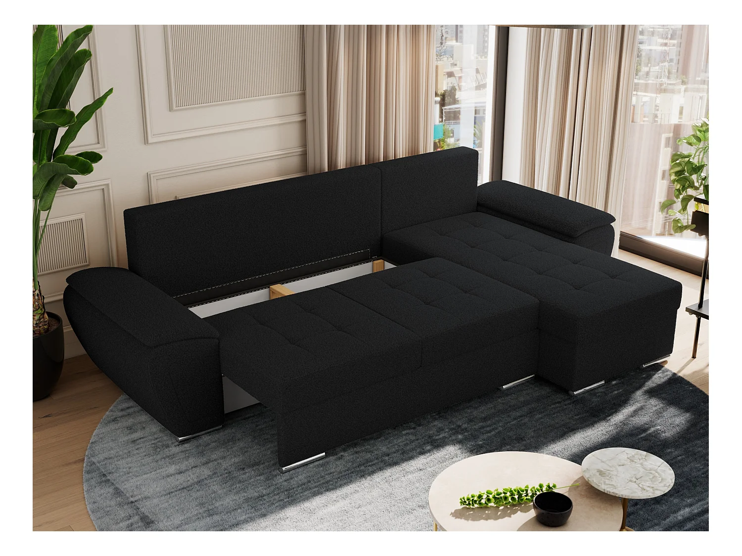 Ecksofa UMBRIA - universell L-form Couch, Schlaffunktion und Bettkasten, gesteppte Ecke - Schwarz Boucle