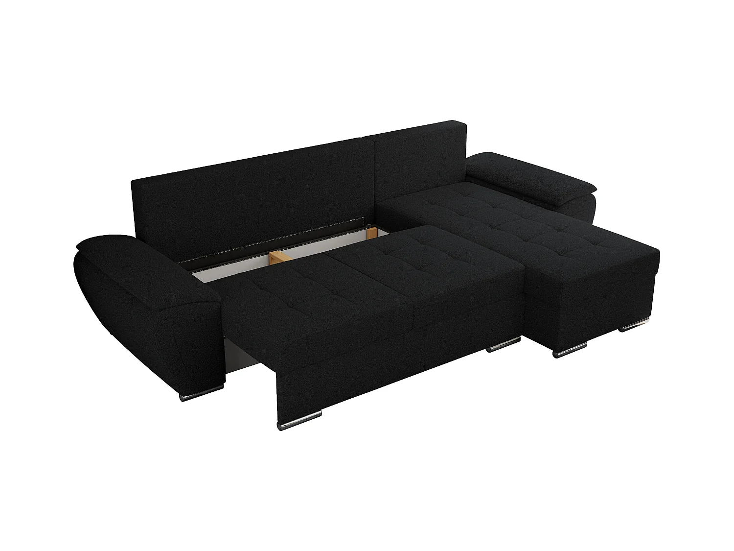 Ecksofa UMBRIA - universell L-form Couch, Schlaffunktion und Bettkasten, gesteppte Ecke - Schwarz Boucle