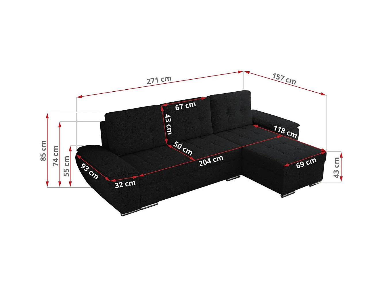 Ecksofa UMBRIA - universell L-form Couch, Schlaffunktion und Bettkasten, gesteppte Ecke - Schwarz Boucle