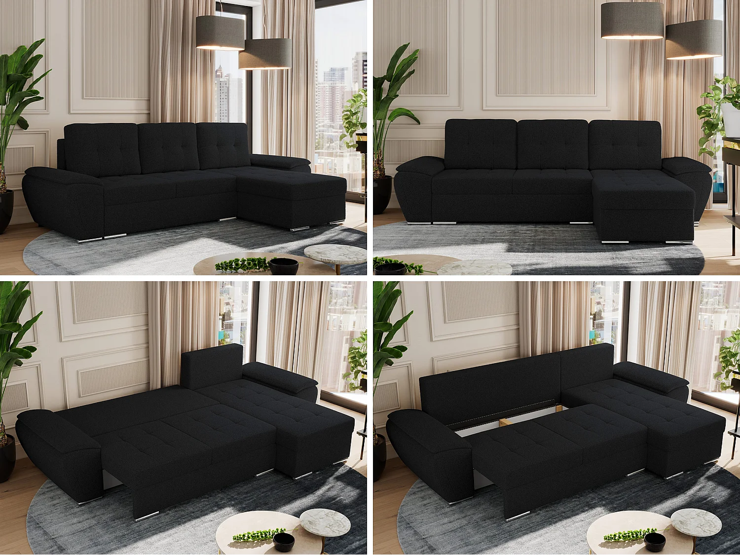 Ecksofa UMBRIA - universell L-form Couch, Schlaffunktion und Bettkasten, gesteppte Ecke - Schwarz Boucle