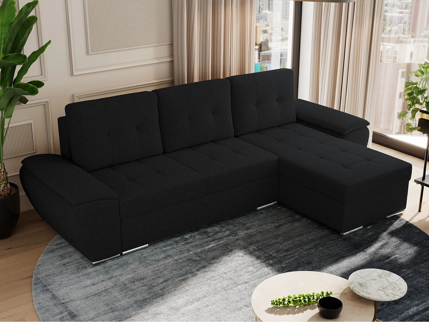 Ecksofa UMBRIA - universell L-form Couch, Schlaffunktion und Bettkasten, gesteppte Ecke - Schwarz Boucle