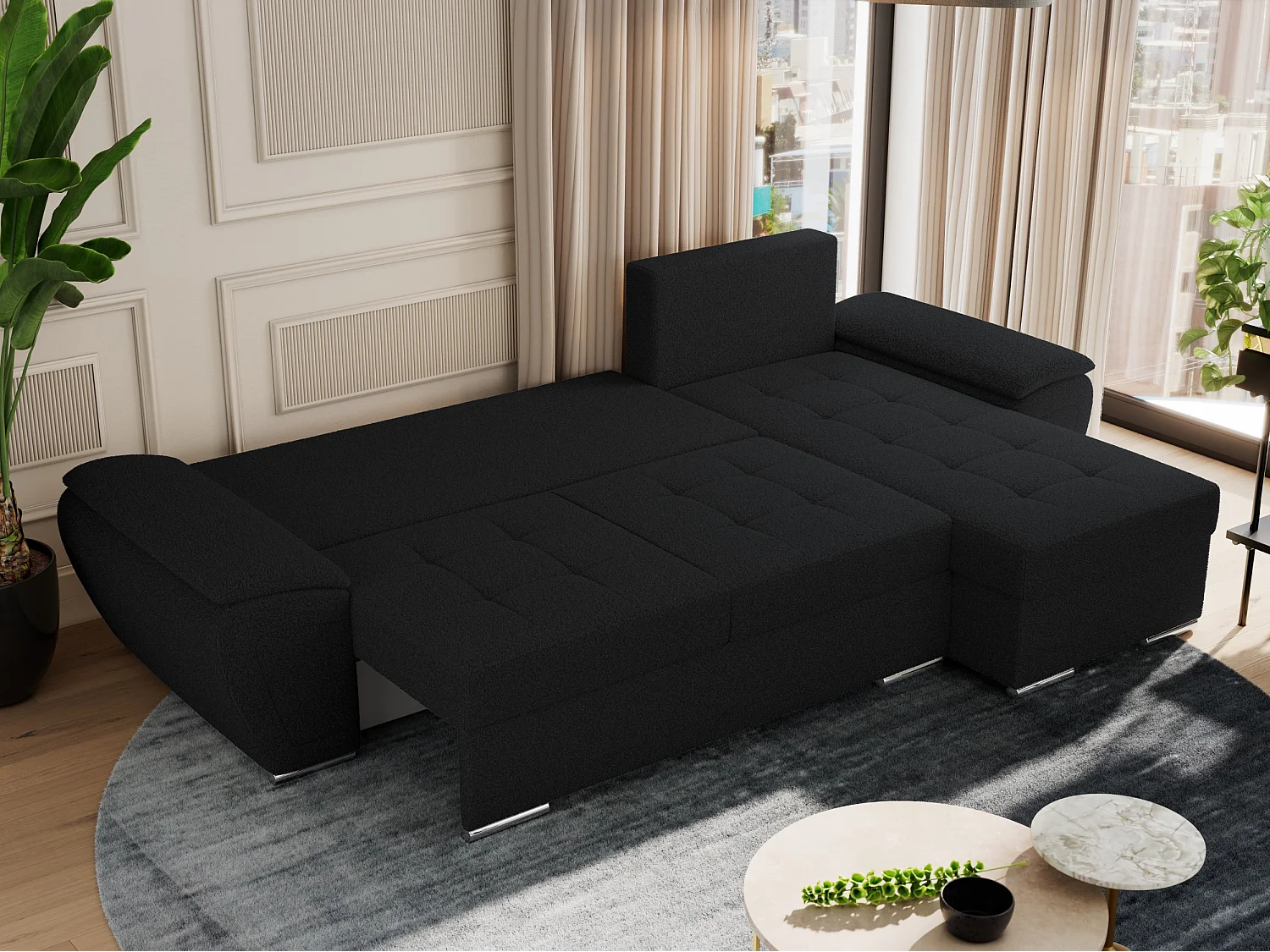Ecksofa UMBRIA - universell L-form Couch, Schlaffunktion und Bettkasten, gesteppte Ecke - Schwarz Boucle
