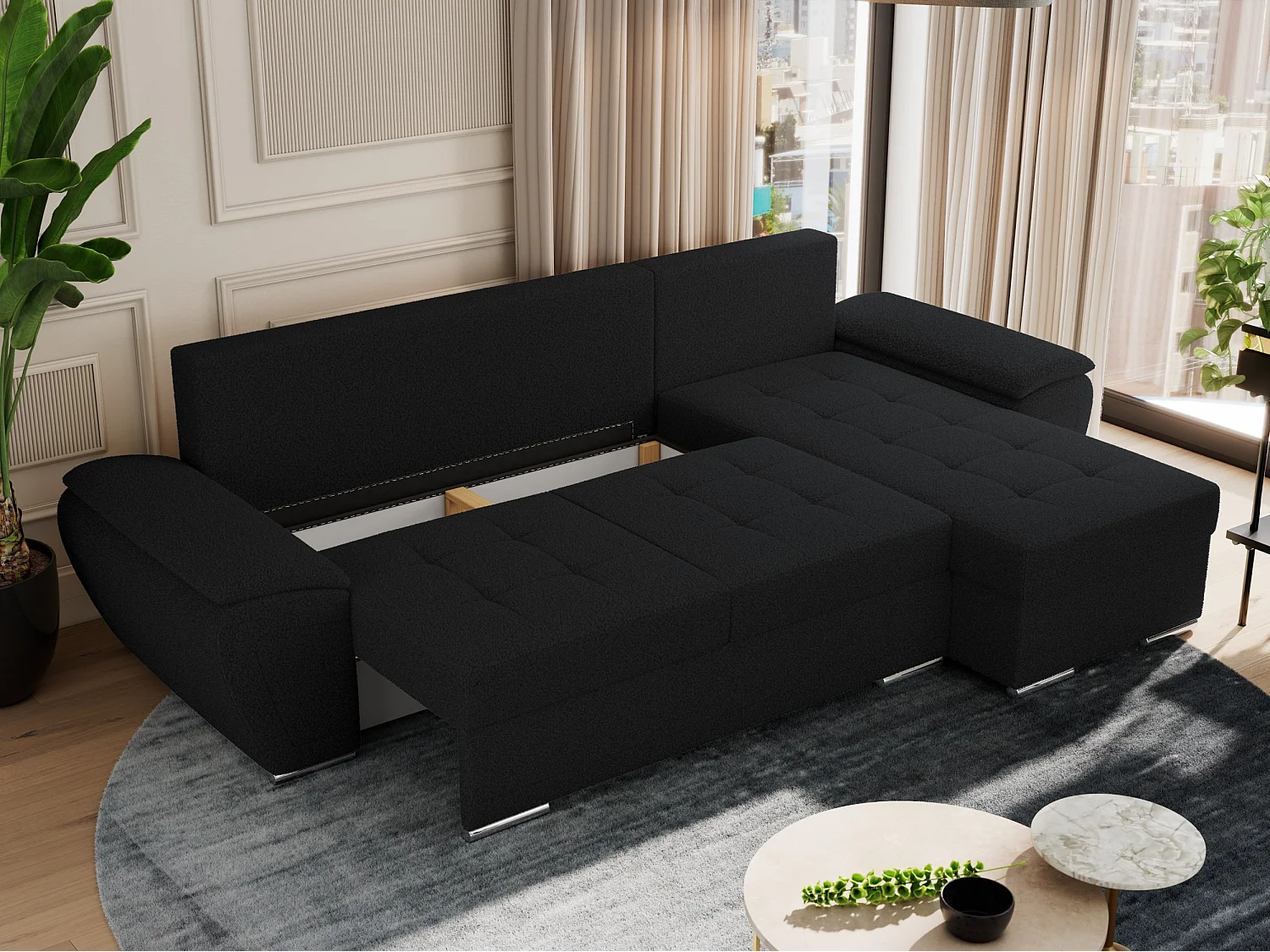 Ecksofa UMBRIA - universell L-form Couch, Schlaffunktion und Bettkasten, gesteppte Ecke - Schwarz Boucle