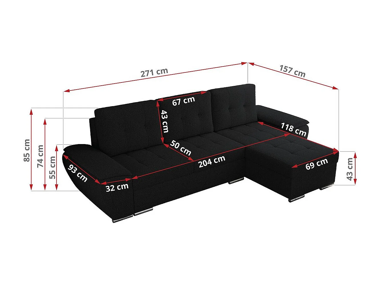Ecksofa UMBRIA - universell L-form Couch, Schlaffunktion und Bettkasten, gesteppte Ecke - Schwarz Boucle