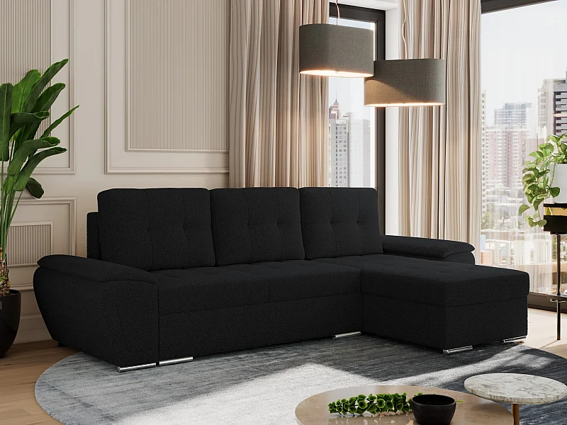 Ecksofa UMBRIA - universell L-form Couch, Schlaffunktion und Bettkasten, gesteppte Ecke - Schwarz Boucle
