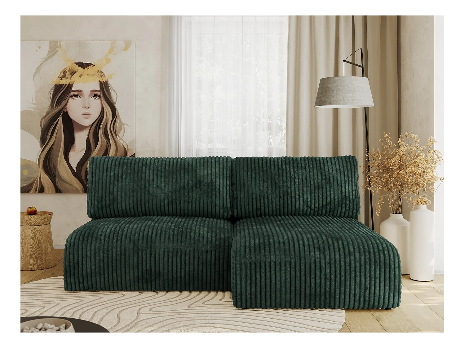Ecksofa VIVO - L-form Couch mit Schlaffunktion und Bettkasten, Wellenfeder - Grün Cord - Ecke Rechts