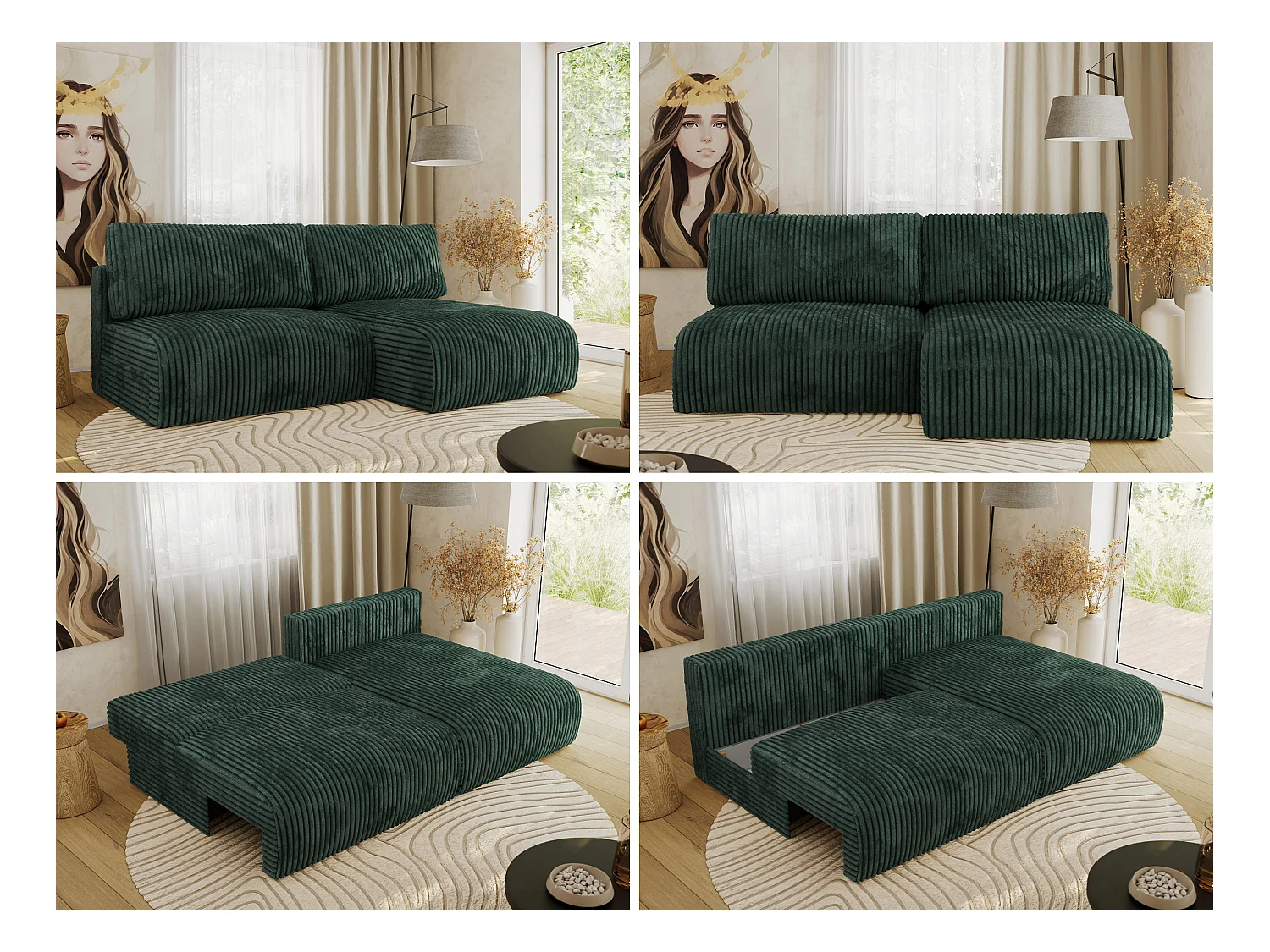 Ecksofa VIVO - L-form Couch mit Schlaffunktion und Bettkasten, Wellenfeder - Grün Cord - Ecke Rechts